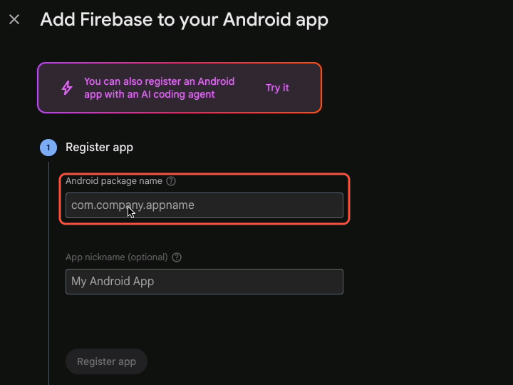 Register app: the Android package name
